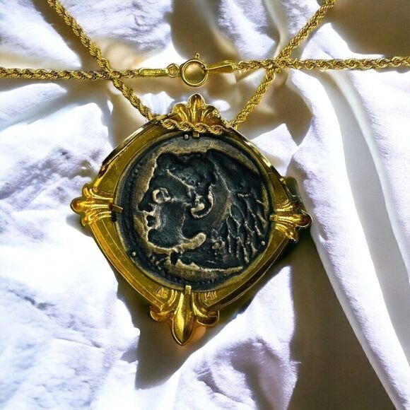 14k Gold Ancient Alexander The Great Coin Necklace 16" Etruscan Revival 7.2g - Picture 11 of 16